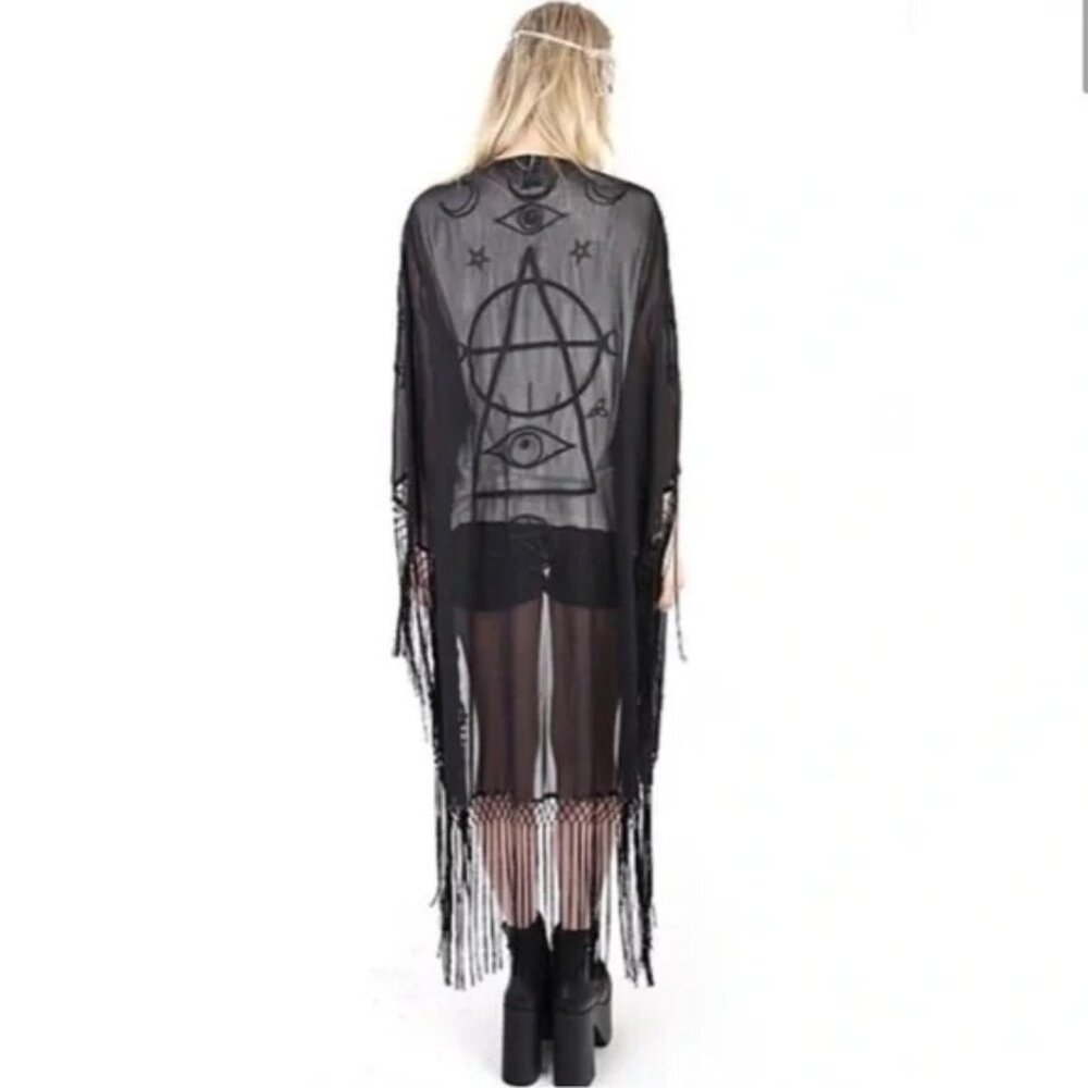 "🦋💋HOT ITEM! 💋🦋VTG 2013 UNIF Black "Wiccan" Embroidered Fringed Maxi Kimono - Picture 7 of 16
